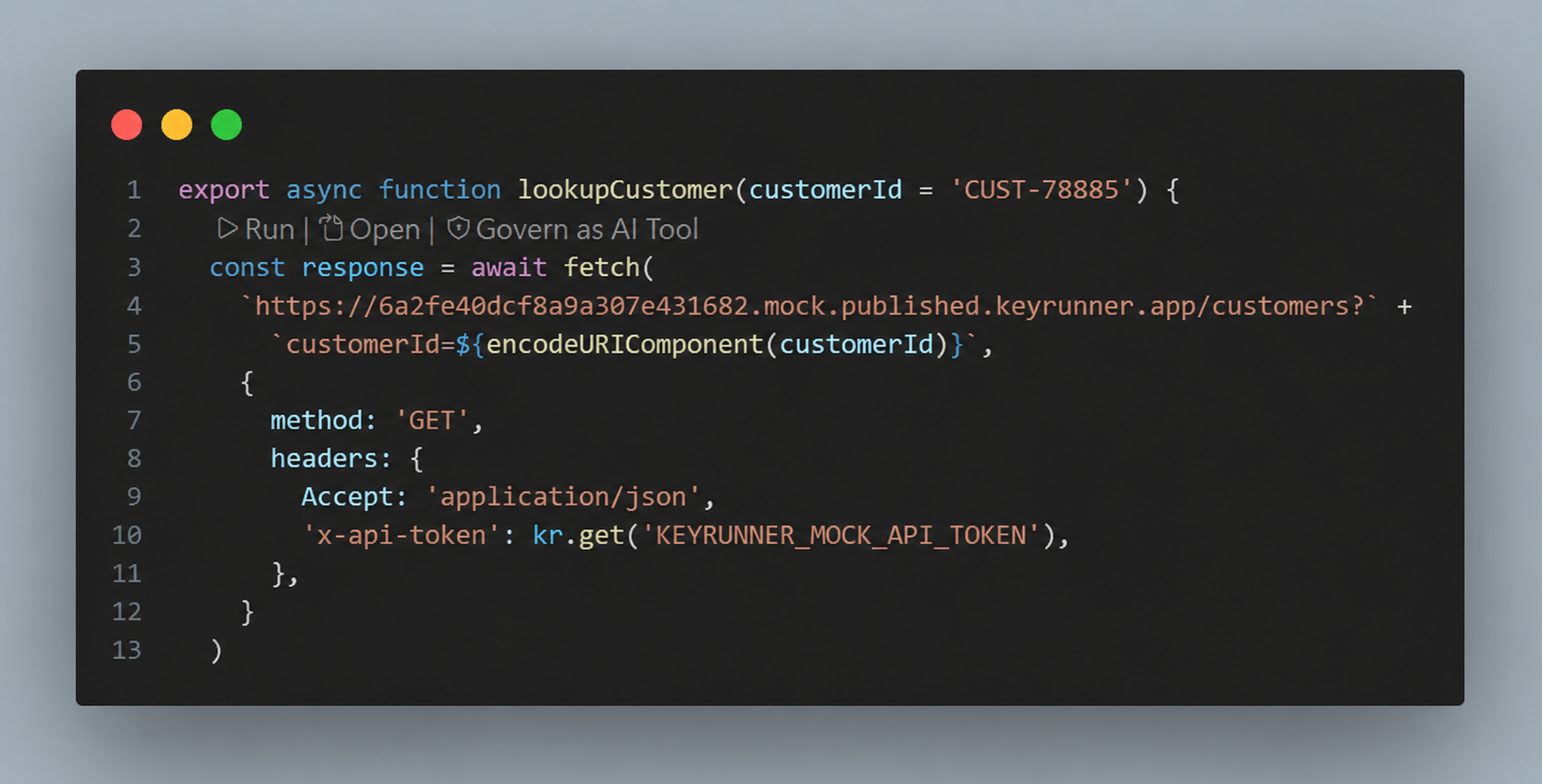 KeyRunner CodeLens actions for Run, Open, and Govern as AI Tool